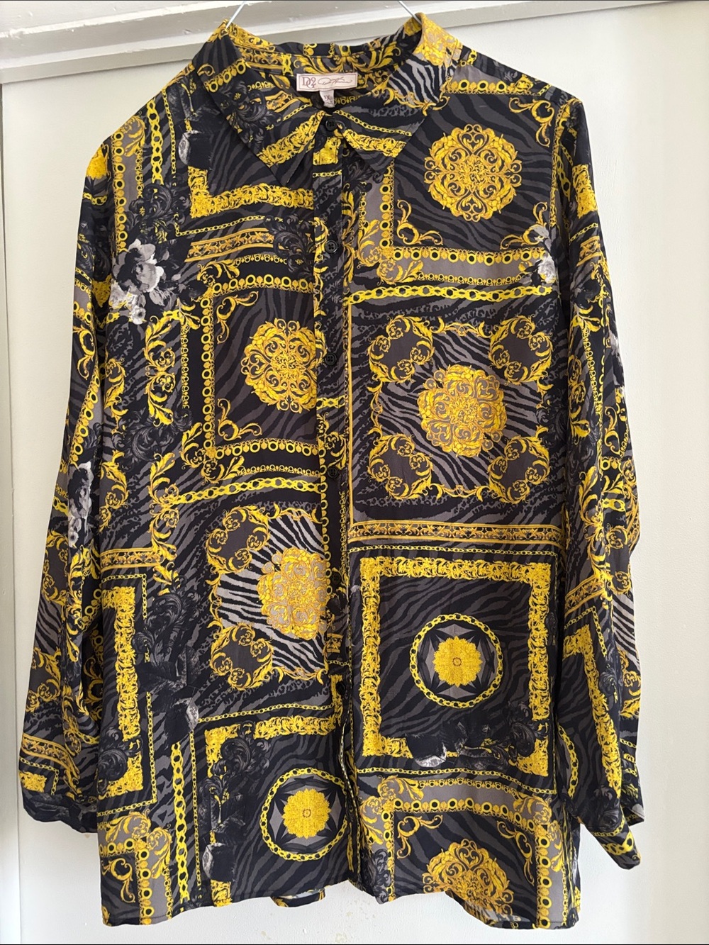 ❤️DG2 by Diane Gilman Silk Shirt Top Long Sleeve Floral Geometric Print Size 1X